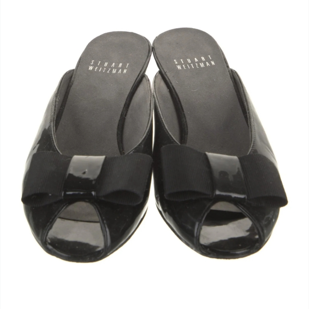 Stuart Weitzman Black Peep-Toe Bow Mules